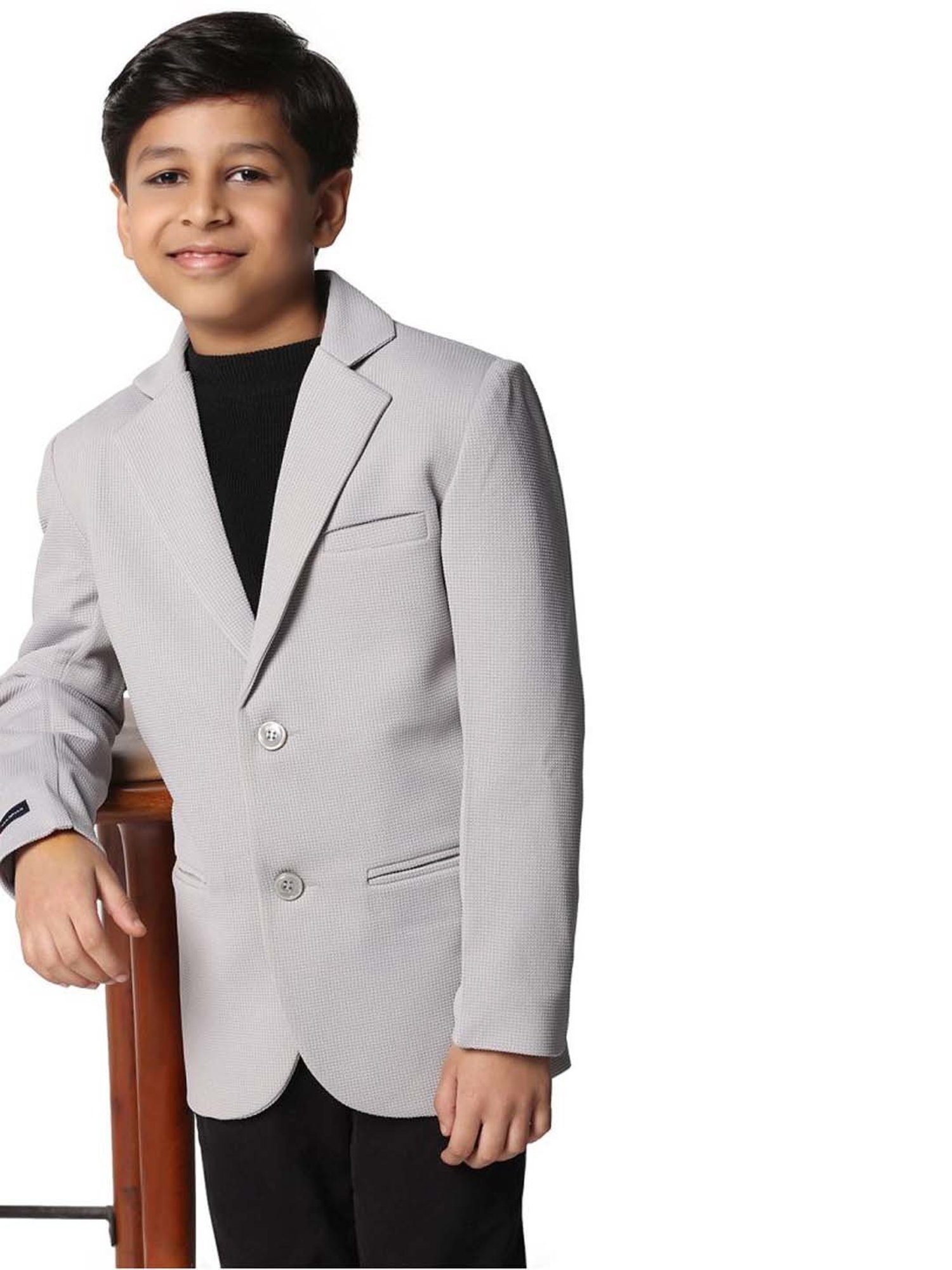 TAHVO Kids Ash Grey Slim Fit Full Sleeves Blazer