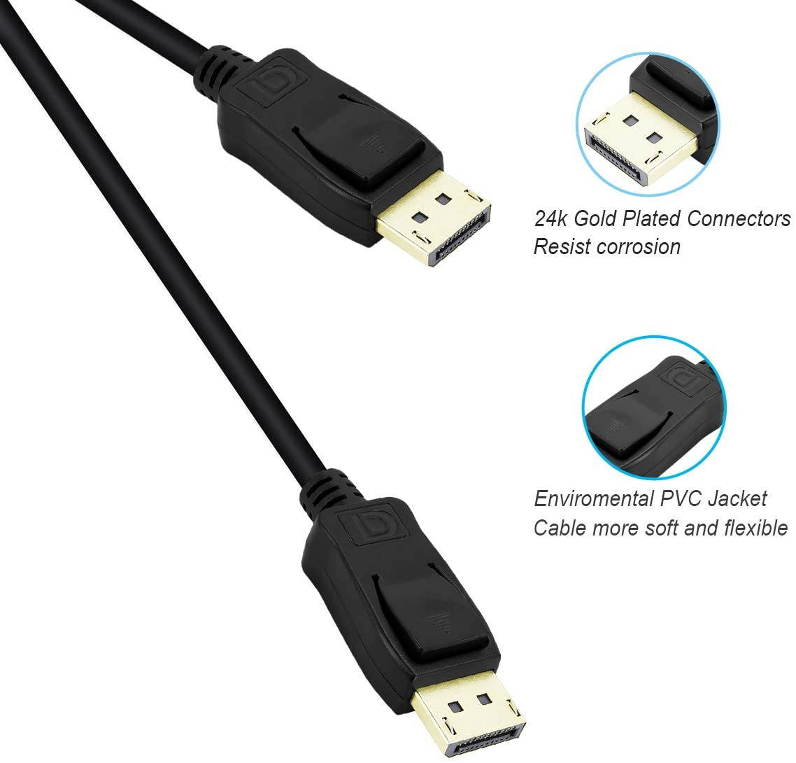 DisplayPort to DisplayPort 6 Feet Cable,  DP to DP Male to Male Cable Gold-Plated Cord, Supports 4K@60Hz, 2K@144Hz Compatible for Lenovo, Dell, HP, ASUS and More
