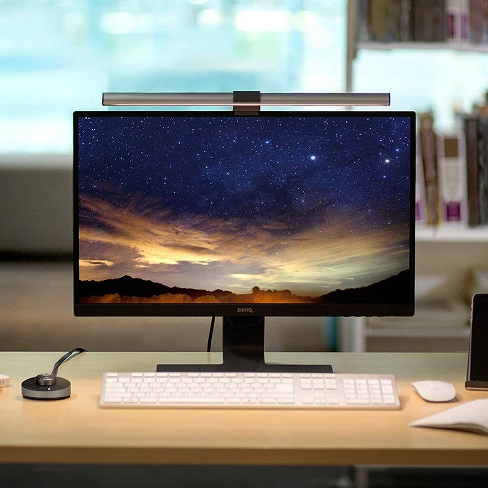 BenQ ScreenBar Plus e-Reading LED Computer Monitor Light Lamp with Desktop Dial Auto-Dimming and Hue Adjustment No Screen Glare Space Saving USB Powered Matte Silver