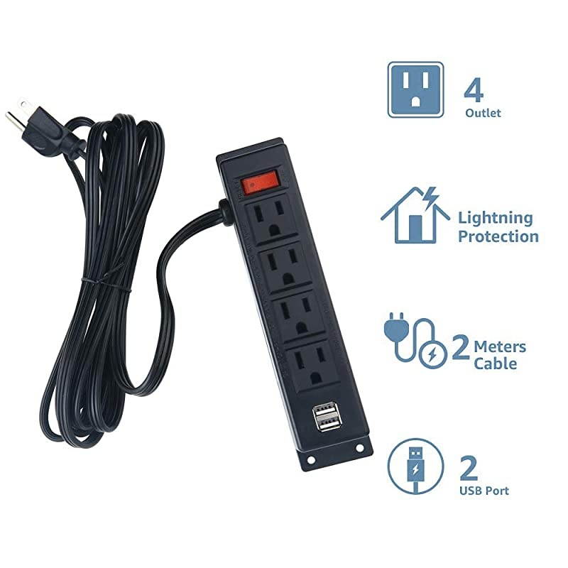 Mount Power Strip with USB Mountable Power Outlet with 4 AC Outlets 2 USB Ports Switch Connect with 656ft Power Cord Mount Under Desk Workbench Nightstand Dresser Table 4AC2USB656FT