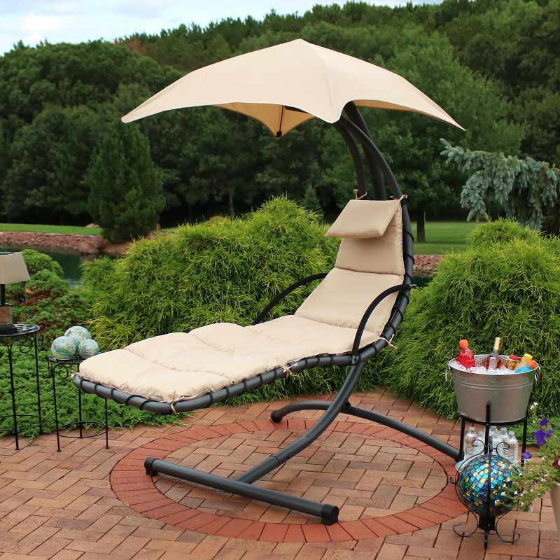 Sunnydaze Outdoor Hanging Chaise Floating Lounge Chair with Canopy Umbrella and Arc Stand, Beige
