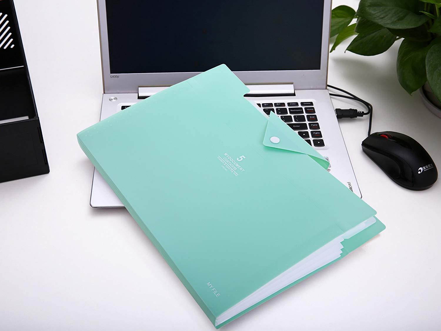 Skydue PP Expanding File Folder Accordion Documents Letters Organizer, 5 Pockets, A4 Size (Light Blue)