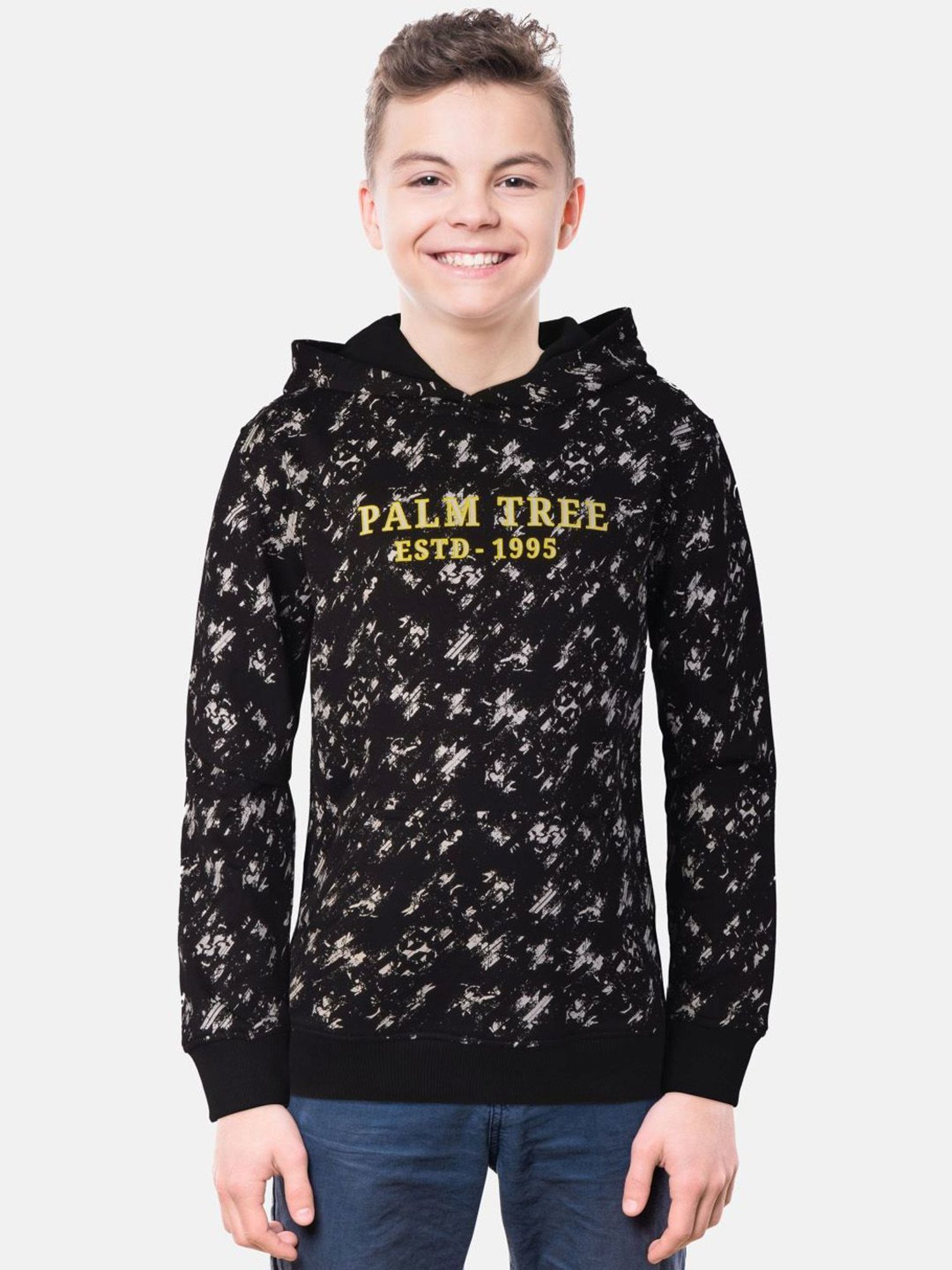 Palm Tree Kids Black Cotton Printed Full Sleeves Hoodie