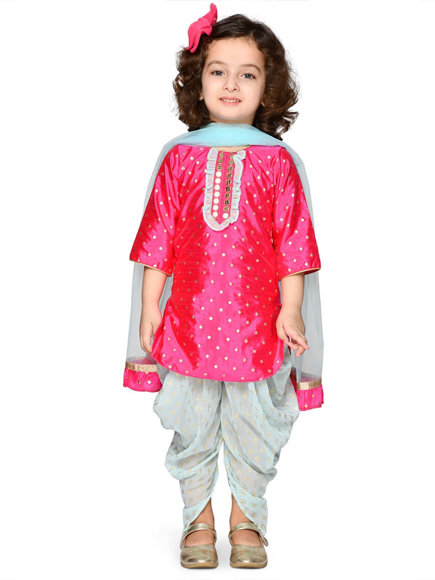 Saka Designs Kids Fushcia & Blue Foil Print Kurta with Dhoti & Dupatta