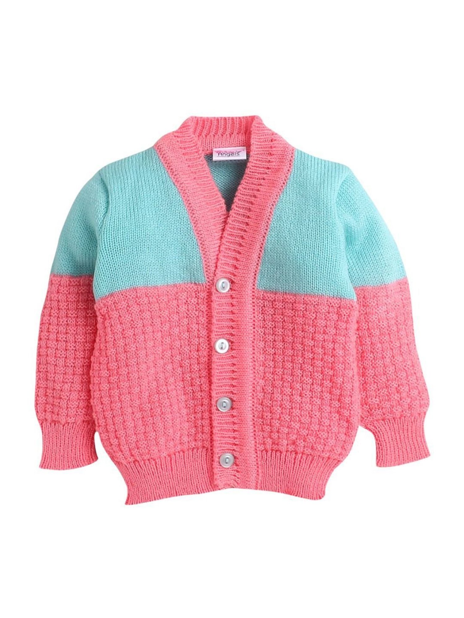 Little Angels Kids Pink & Green Color Block Full Sleeves Sweater Set