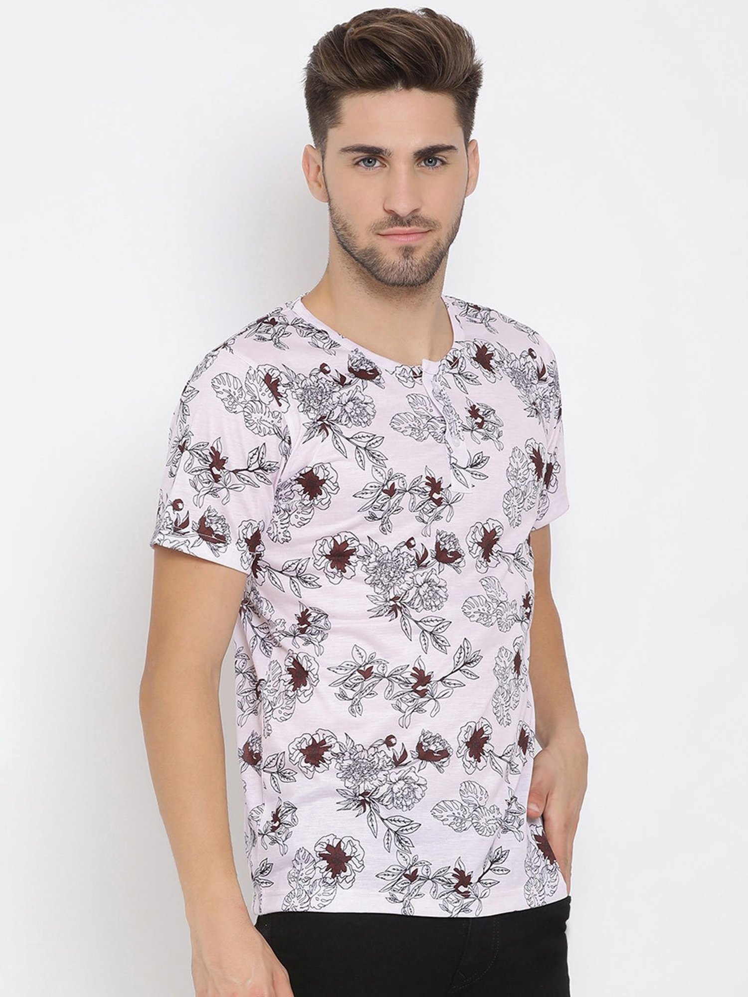 Hangup Plus White Regular Fit Printed Henley T-Shirt