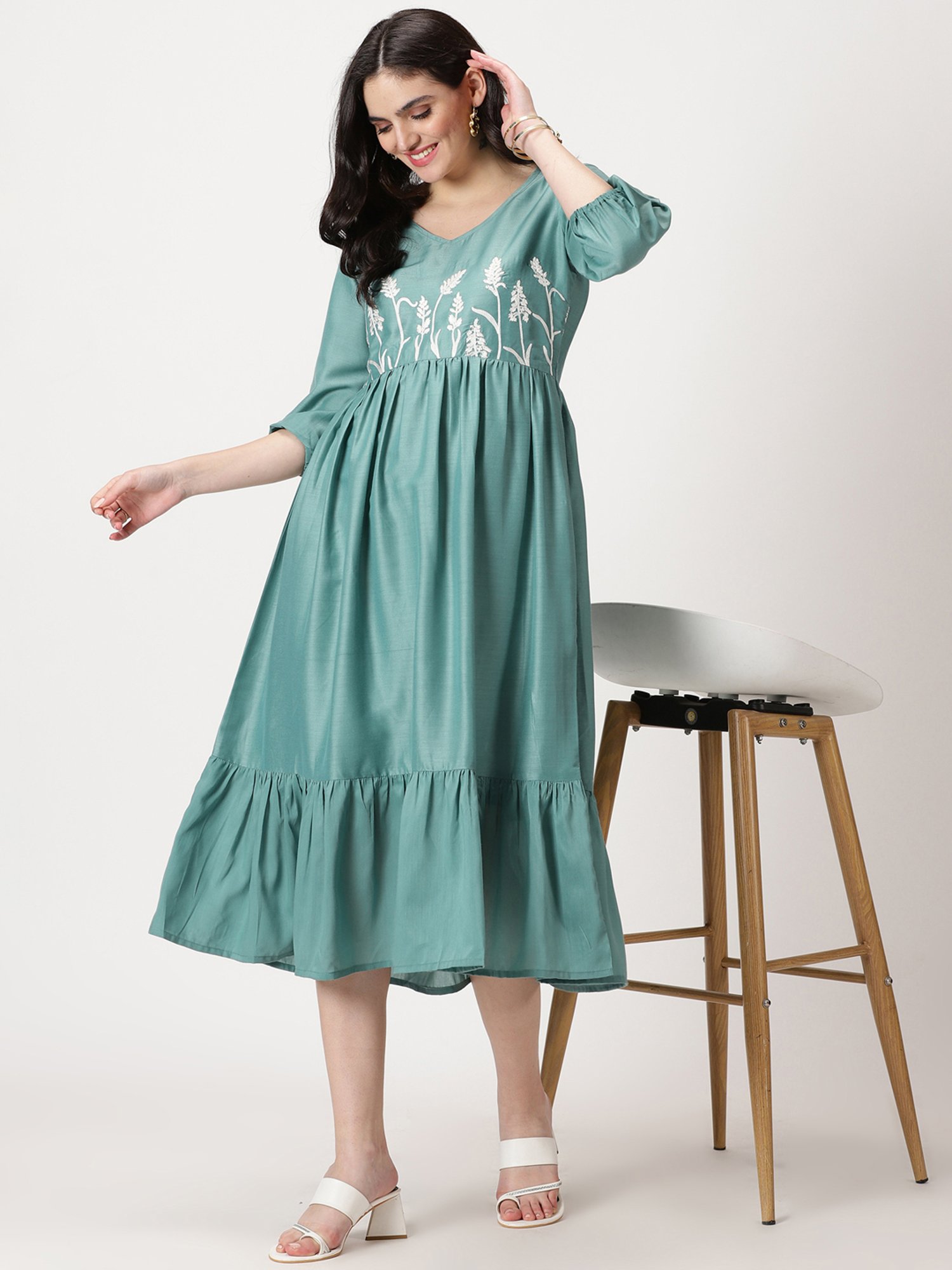 Saffron Threads Sea Green Embroidered Midi Dress