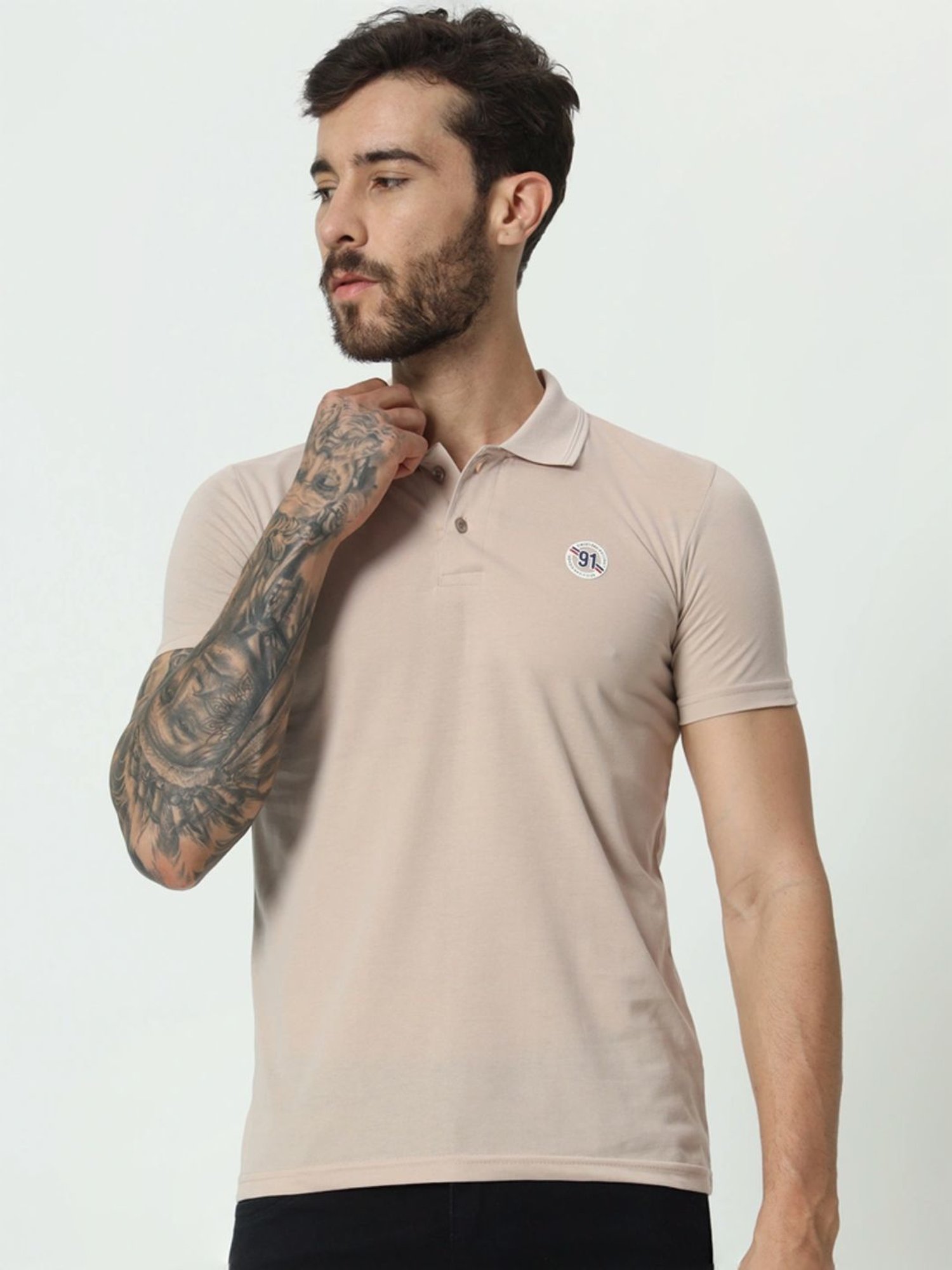 Tab91 Beige Regular Fit Printed Polo T-Shirts