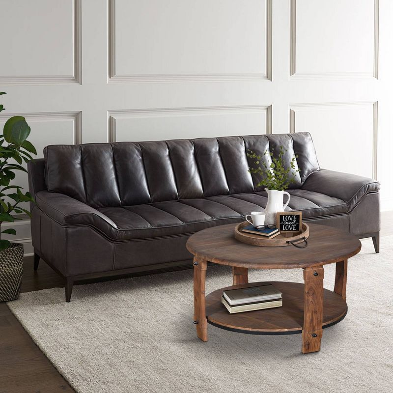 38" Retro Style Round Wooden Coffee Table with Bottom Shelf Brown - The Urban Port