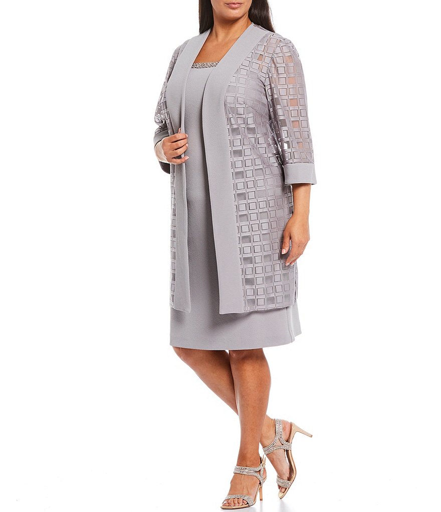 Le Bos Plus Size Square Neck 3/4 Sleeve Duster 2-Piece Jacket Dress