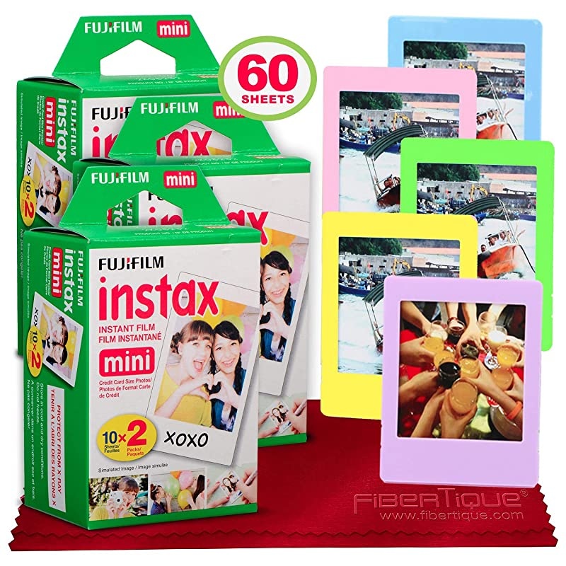 Instax Mini Instant Film (60 Sheets) Instax Mini + 5 Picture Frames + FiberTique Cleaning Cloth (USA Warranty)