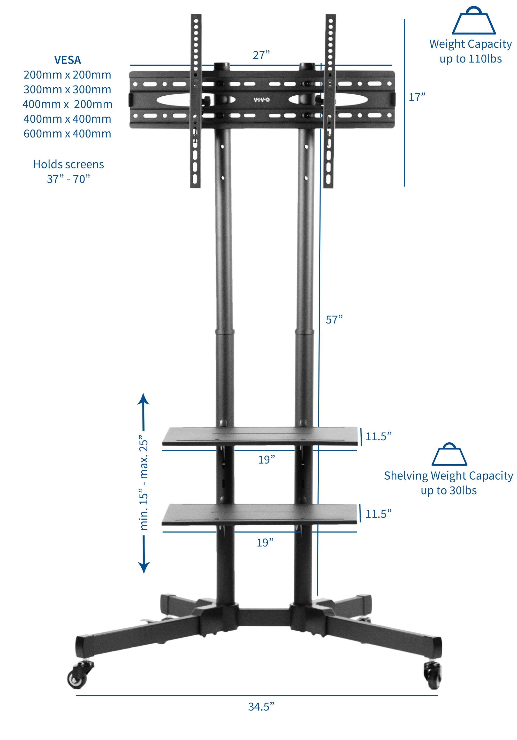 VIVO Mobile TV Cart for 37" to 70" LCD LED Plasma Flat Panel Screens | Rolling TV Stand with Wheels (STAND-TV01B)