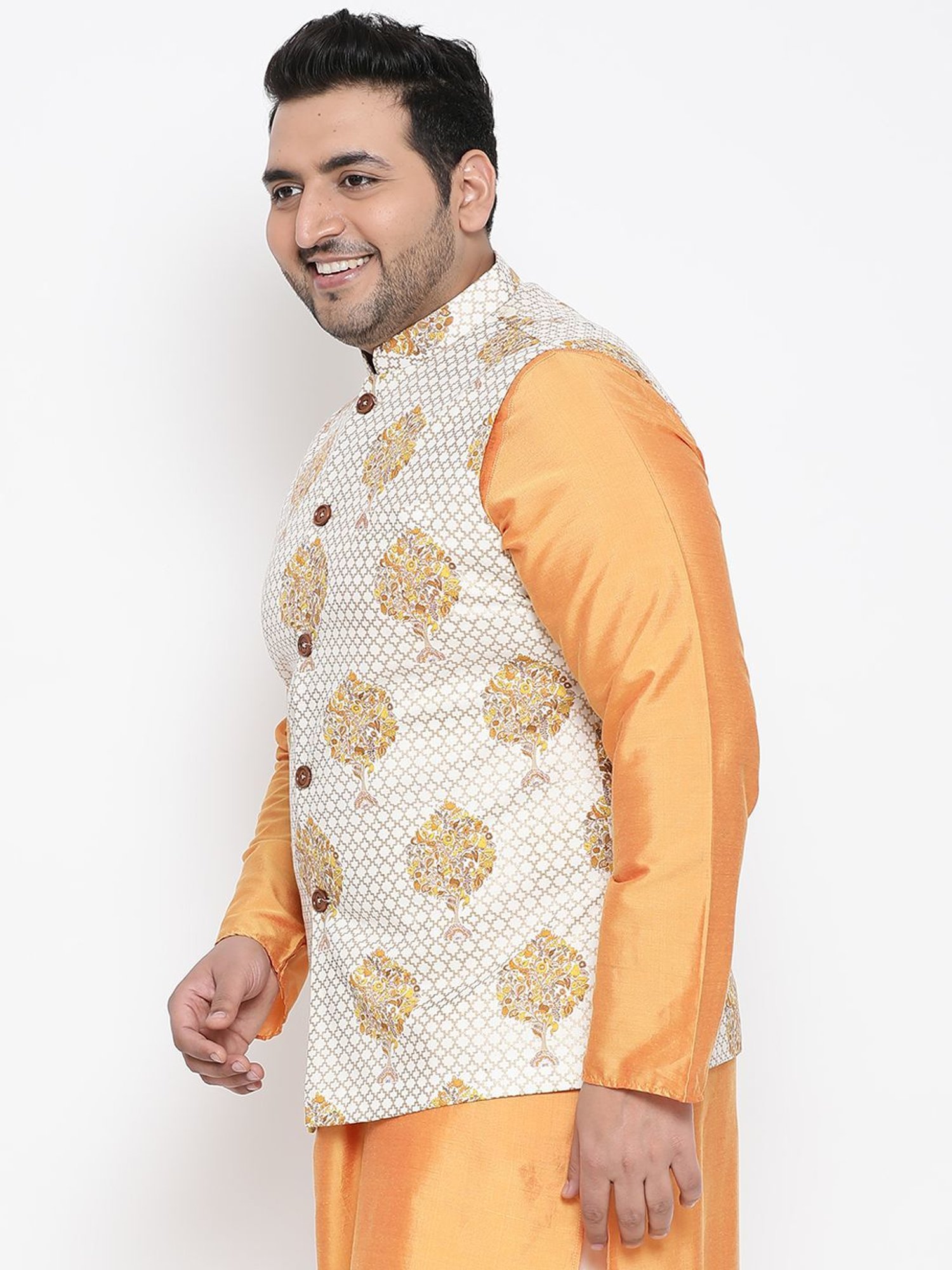 KISAH PLUS White Regular Fit Printed Nehru Jacket