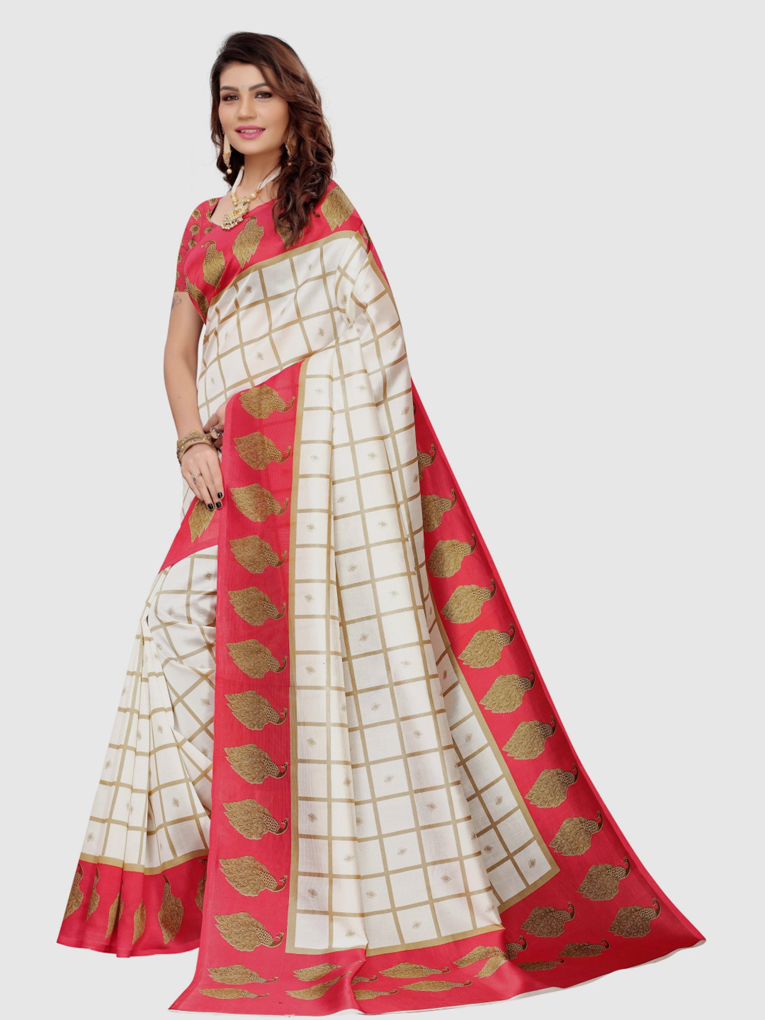 KSUT Off-White & Red Printed Saree With Blouse