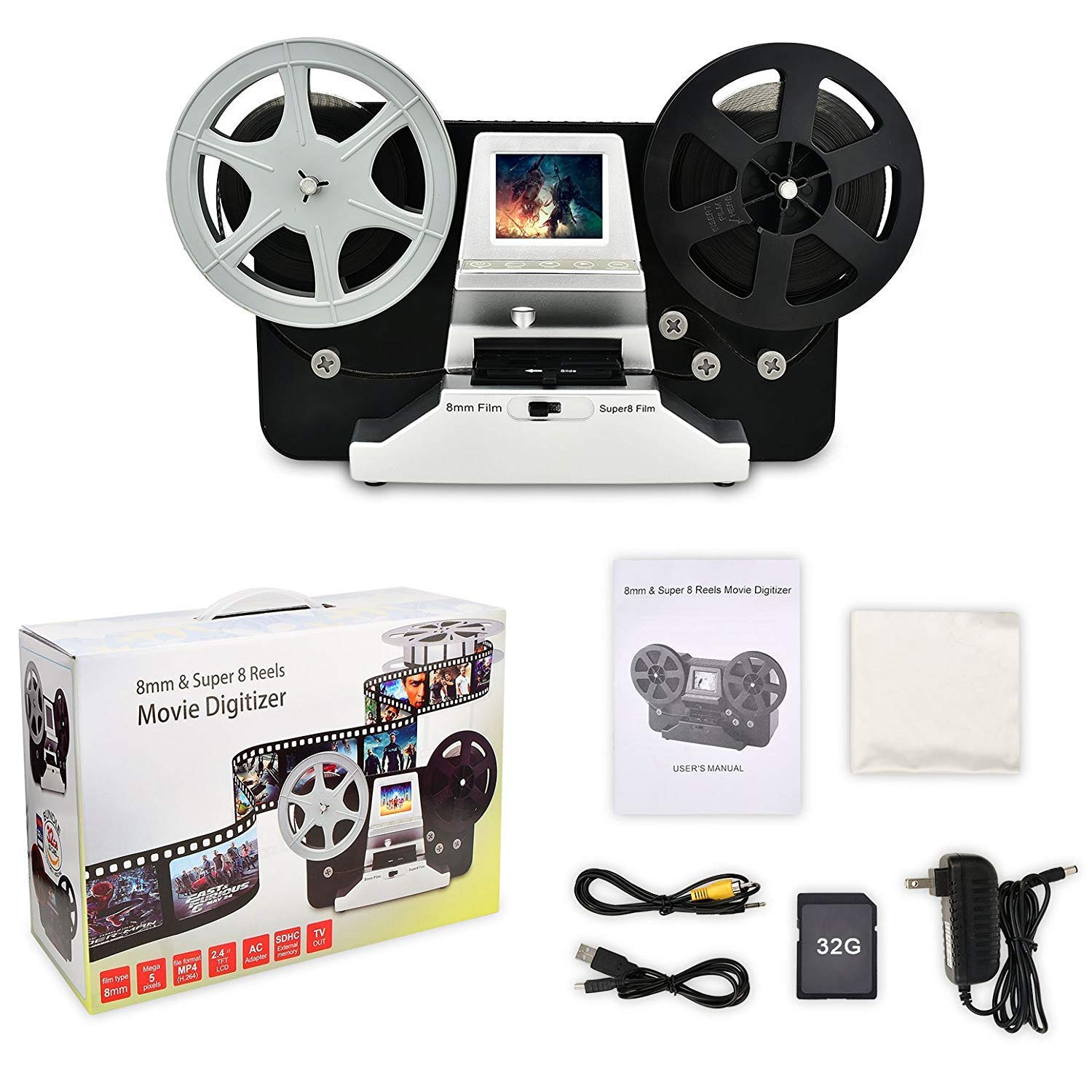 8mm & Super 8 Reels to Digital MovieMaker Film Sanner Converter, Pro Film Digitizer Machine with 2.4" LCD, Black (Convert 3 inch and 5 inch 8mm Super 8 Film reels into Digital) with 32 GB SD Card