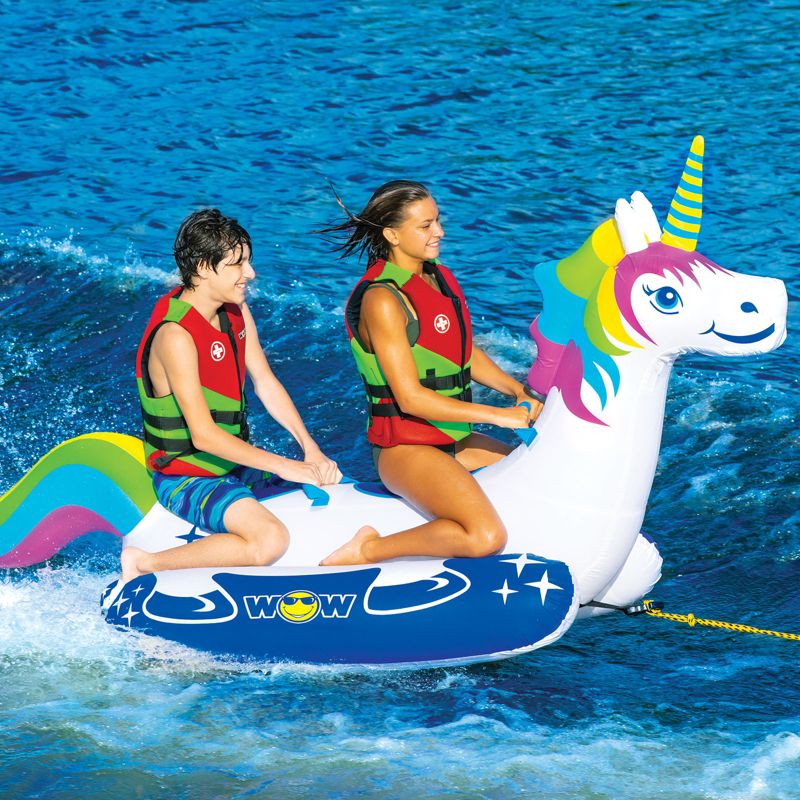 Wow Watersports Giant Rainbow Unicorn 2 Person Rider PVC Inflatable Pontoon Boating Ride On Lake Boat Towable Tube