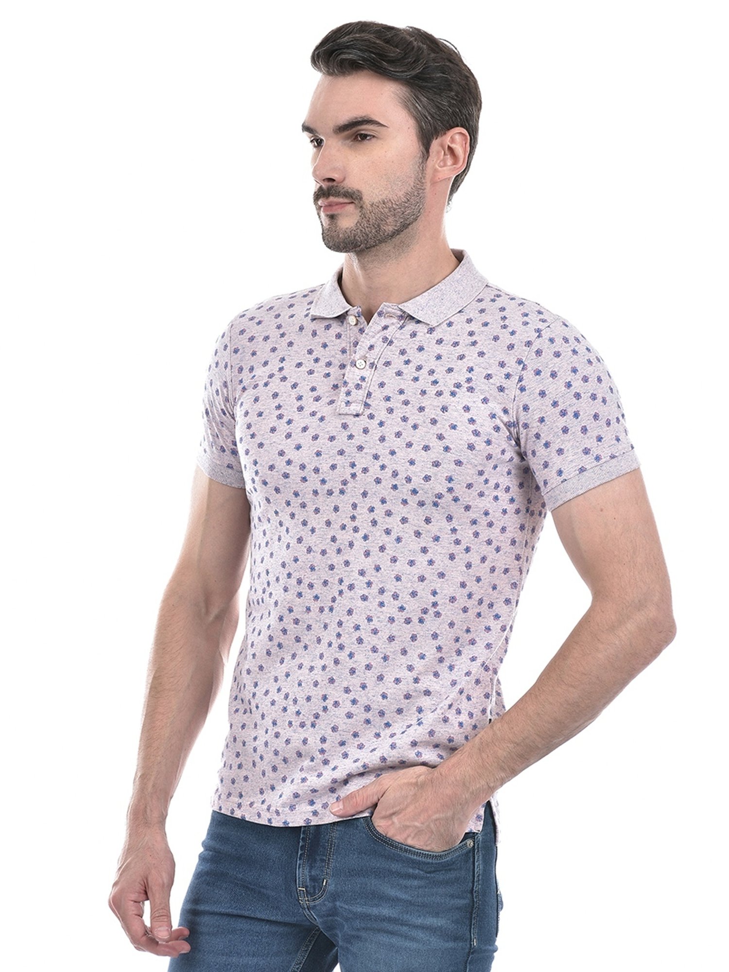 Numero Uno Pink Cotton Regular Fit Floral Print Polo T-Shirt