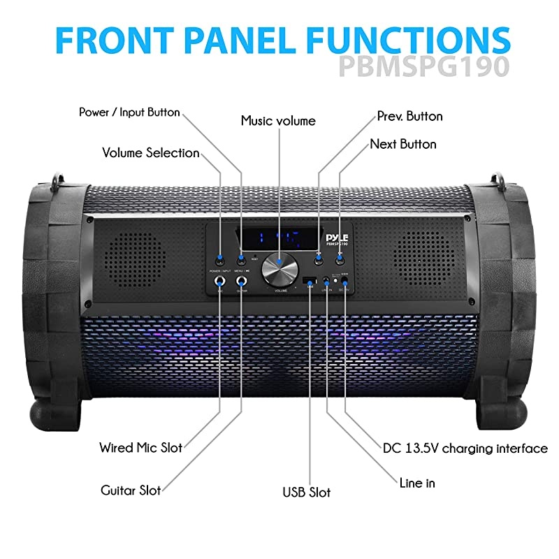 Bluetooth Boombox Street Blaster Stereo Speaker Portable Wireless Power FM Radio MP3 System w Remote LED Lights Rechargeable Battery PBMSPG190