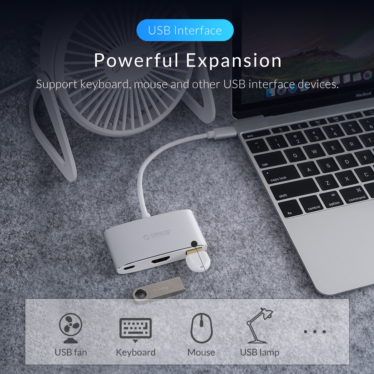 ORICO USB HUB USB C to 3.0 HUB  HDMI*1, USB3.0*1, Type-C*1 Adapter Aluminum Alloy USB Splitter for MacBook Samsung Galaxy S10 Huawei Mate 20 Pro
