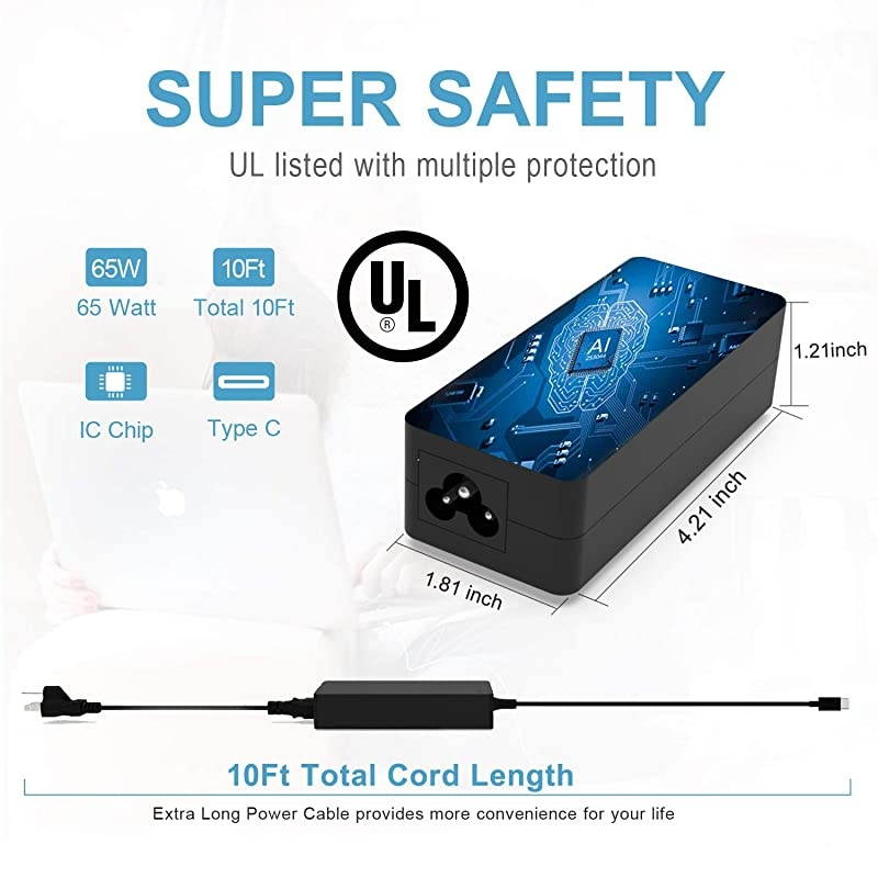 45W 4X20M26268 Type C AC Charger Fit for Lenovo ThinkPad T480 T580 T480s Yoga C940 C740 C930 730 S730 730S 920 Chromebook c330 100e 300e 500e c340 s340 USBC Laptop Power Supply Adapter Cord