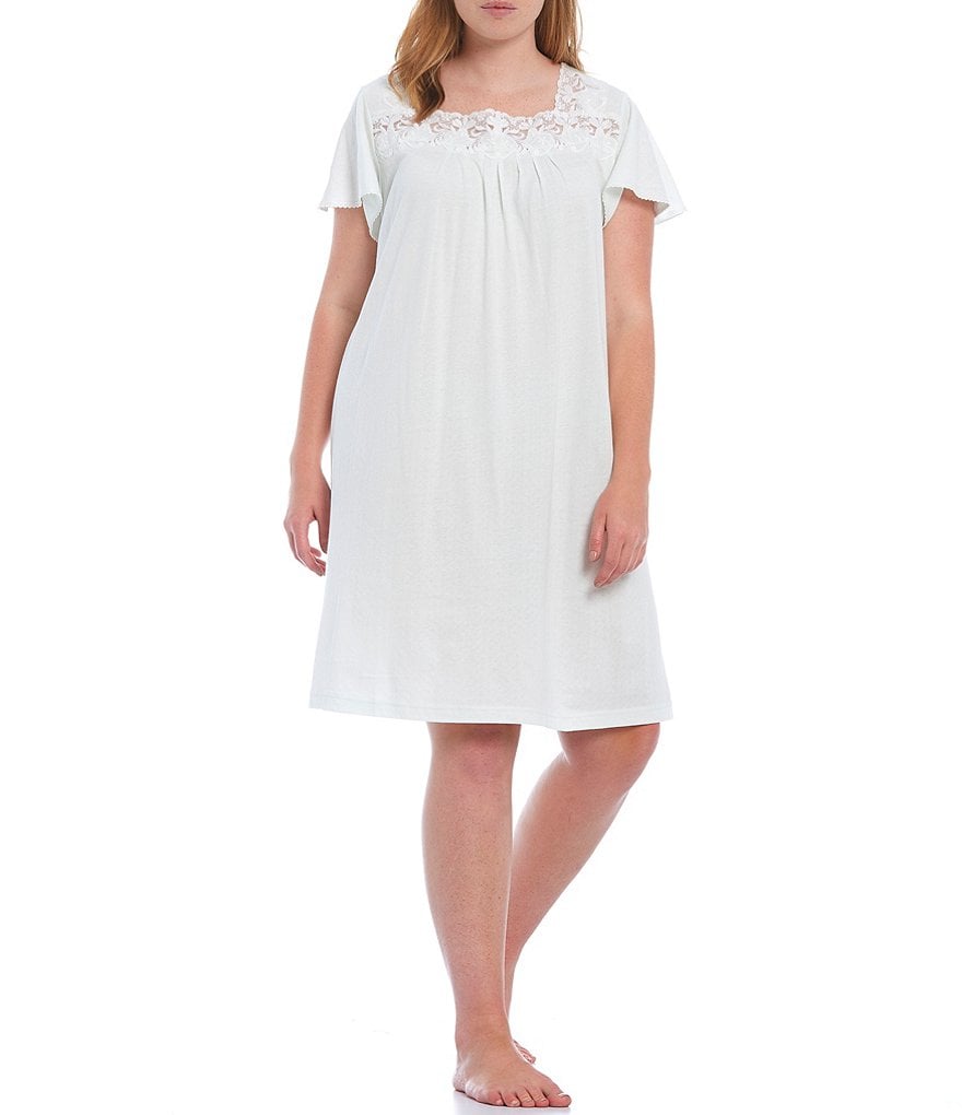 Miss Elaine Plus Solid Pointelle Knit Nightgown