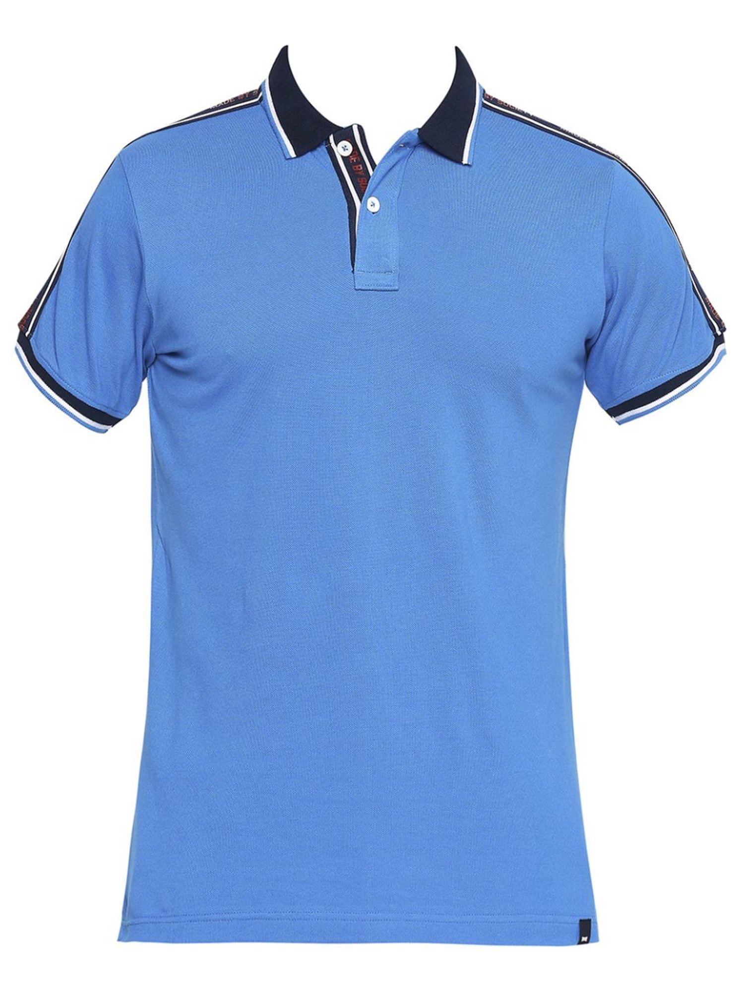 Basics Blue Slim Fit Striped Polo T-Shirt