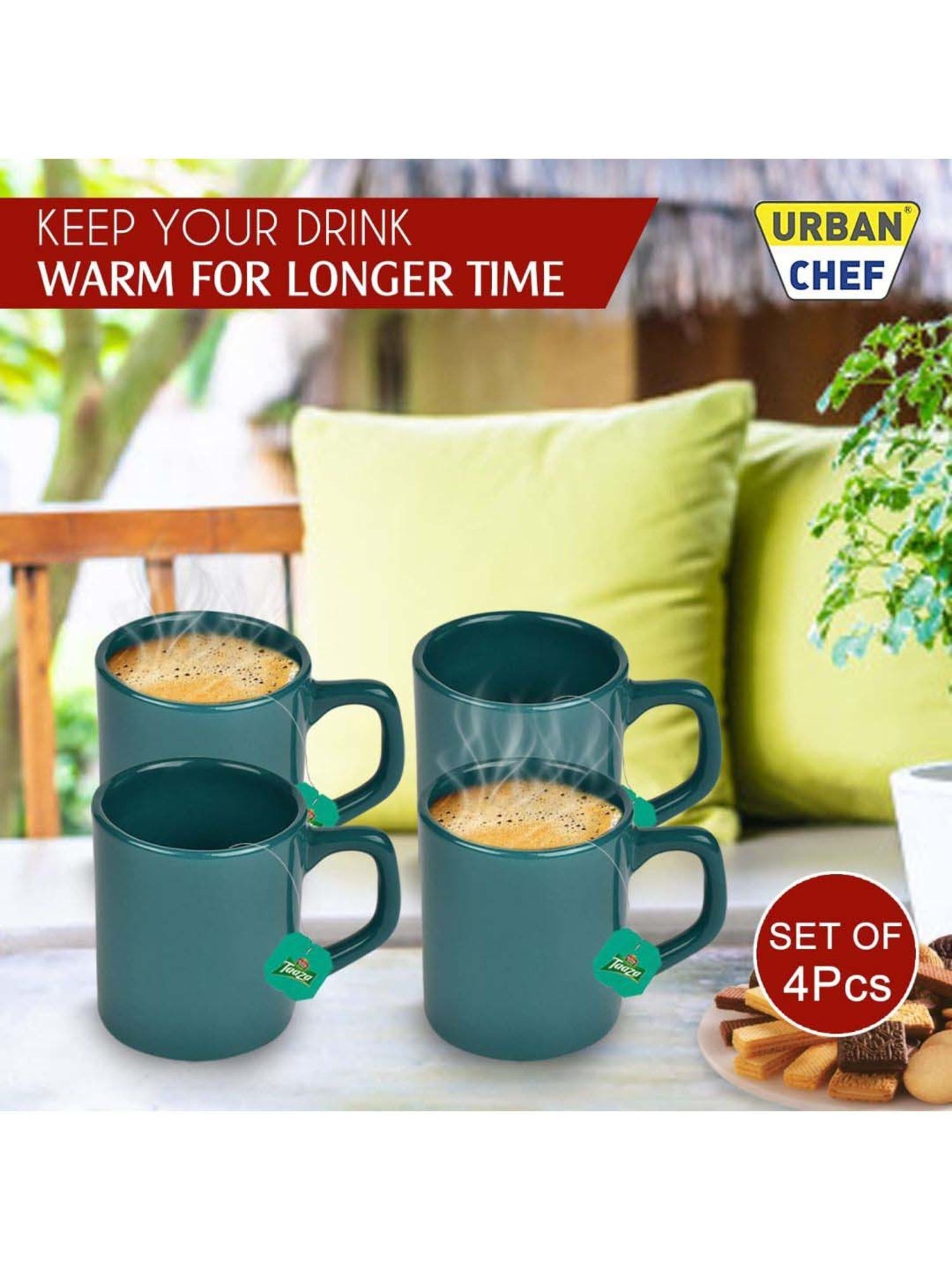 Urban Chef Dark Green Ceramic Droite Handcrafted Microwave Safe Cup - Set of 4