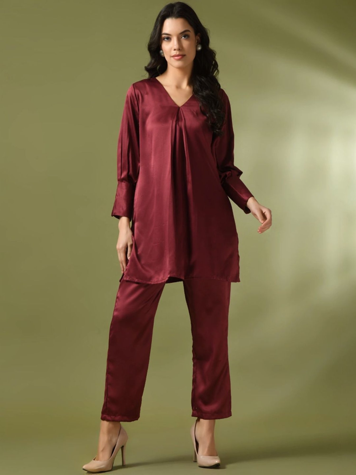 Myshka Maroon Regular Fit Tunic Pant Set