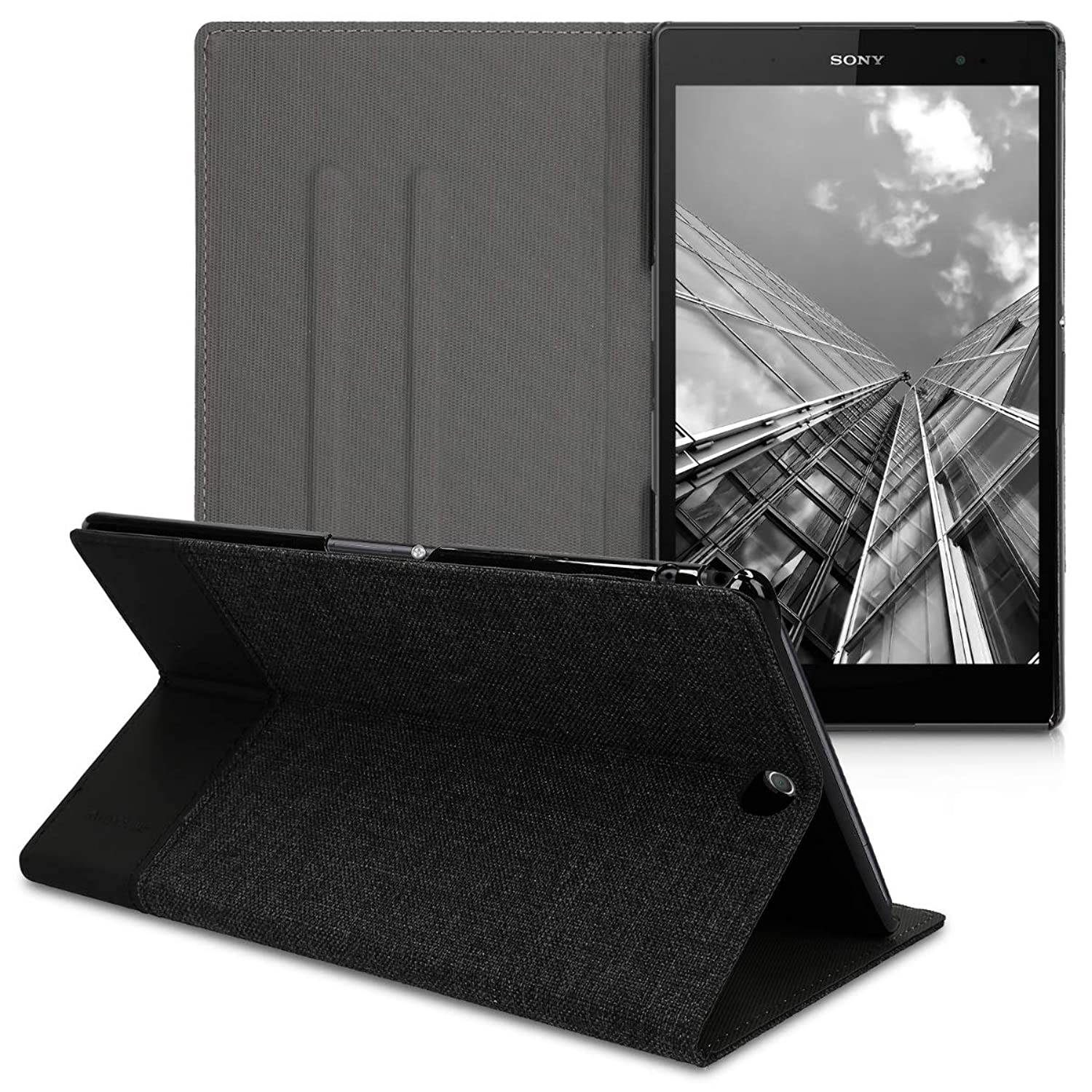 kwmobile Case Compatible with Sony Xperia Tablet Z3 Compact - PU Leather and Canvas Cover with Stand Feature - Anthracite/Black