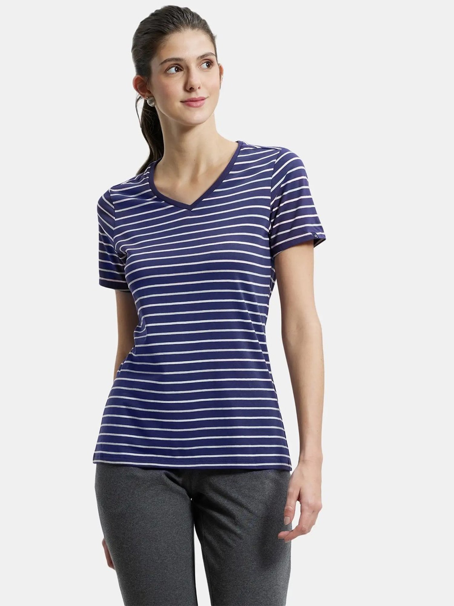 Jockey AW22 Women's Super Combed Cotton Elastane Regular Fit Striped V Neck Half Sleeve T-Shirt