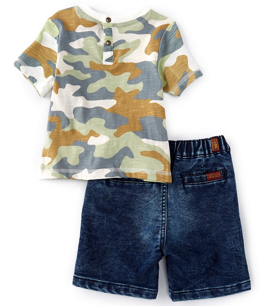 7 for all mankind Baby Boys 12-24 Months Camo Print Short Sleeve Pocket Top & Knit Denim Shorts Set