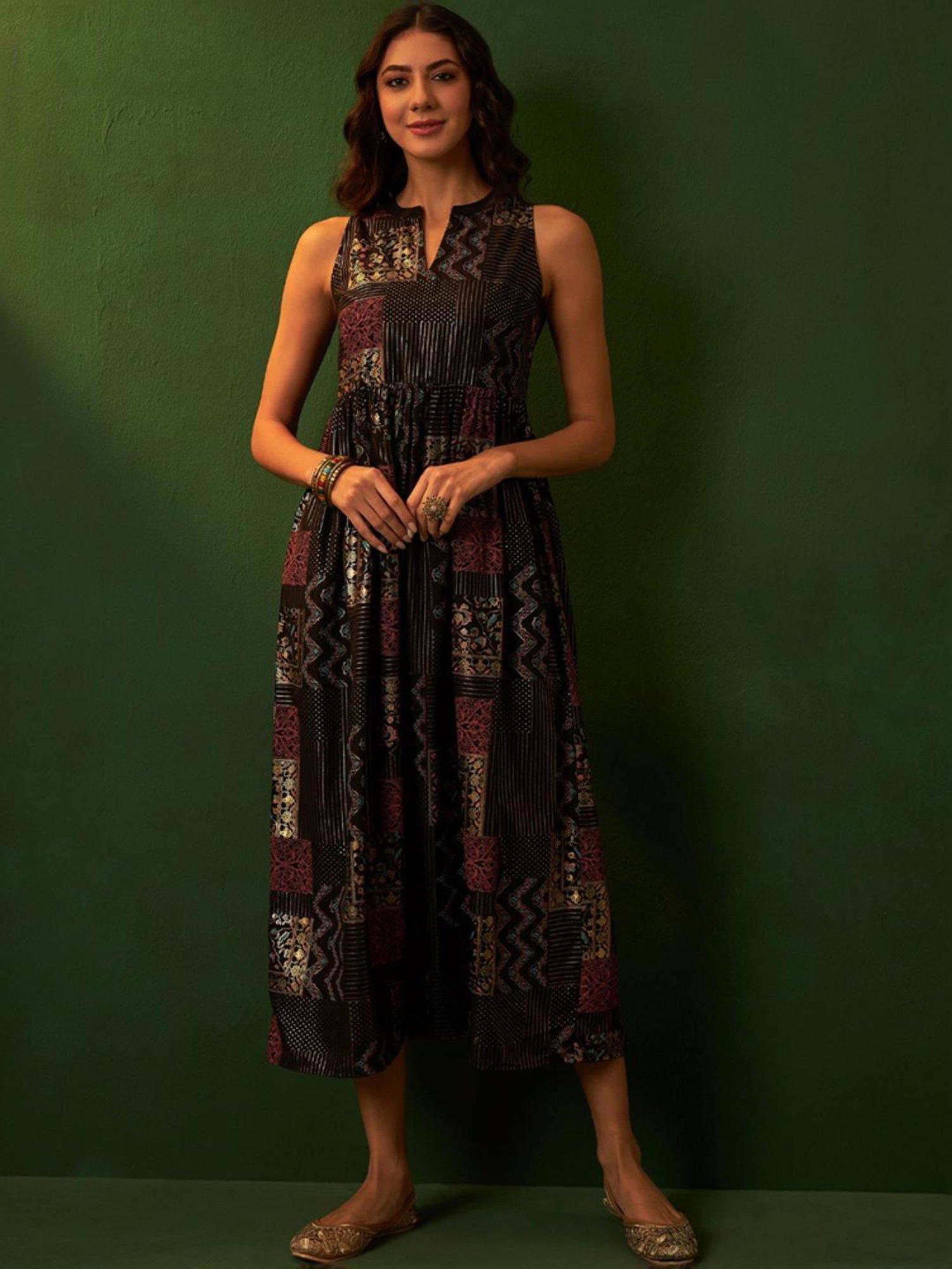 Ziyaa Black Printed A-Line Dress