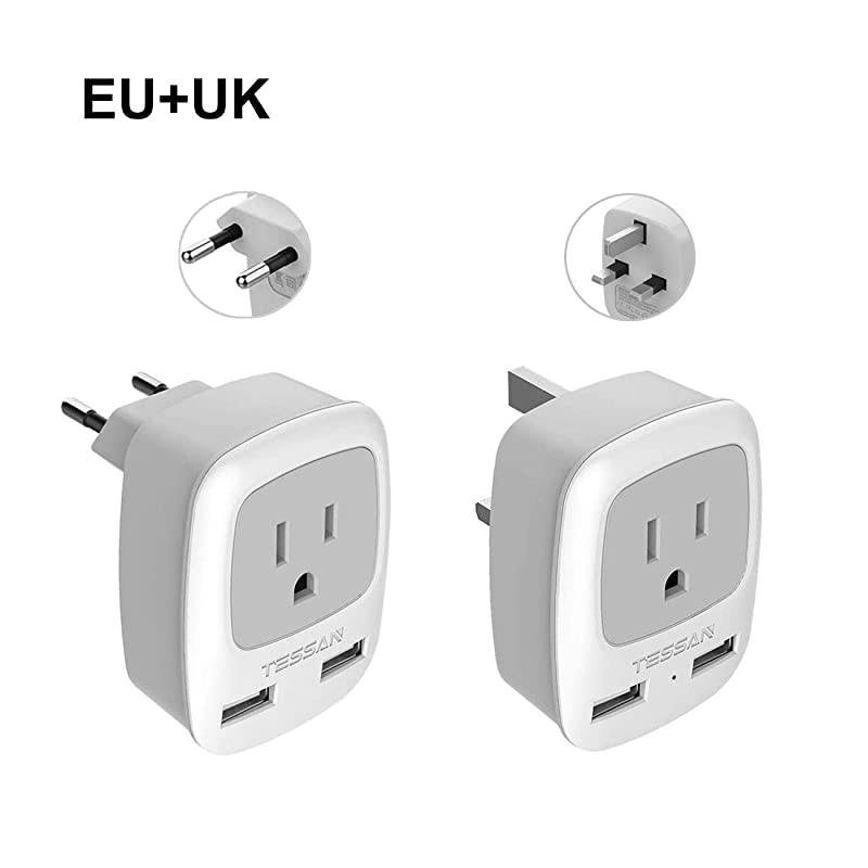 European Travel Plug Adapter Kit TESSAN International Power Outlet Adaptor with 2 USB US to Universal of Europe EU Spain Germany France Italy Ireland UK England Scotland Type CType G
