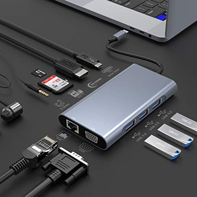 10 in 1 USB C Hub, Double Display USB C Docking Station with 4K HDMI, VGA,Gigabit Ethernet, Power Delivery Type C Port, SD/TF Card, 3 USB, Audio, USB C Dock Compatible for MacBook, Other USB C Laptop