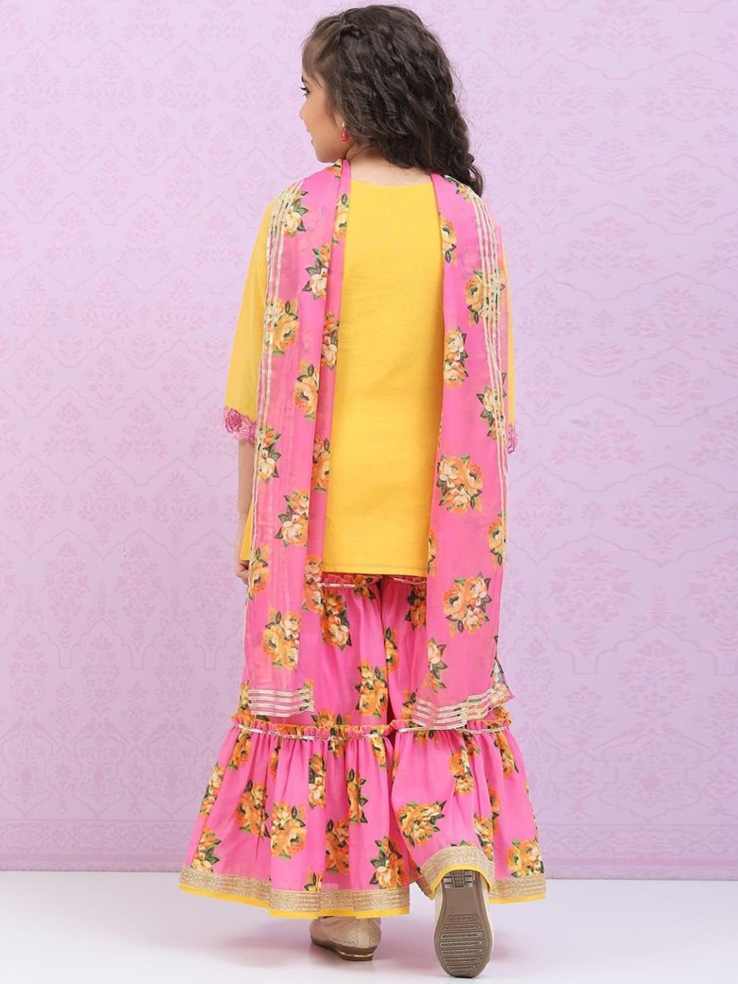 Biba Kids Yellow & Violet Embroidered Kurta Set