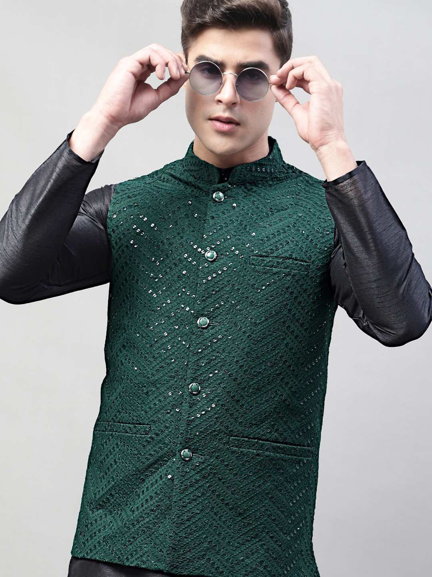 Jompers Olive Regular Fit Embroidered Nehru Jacket