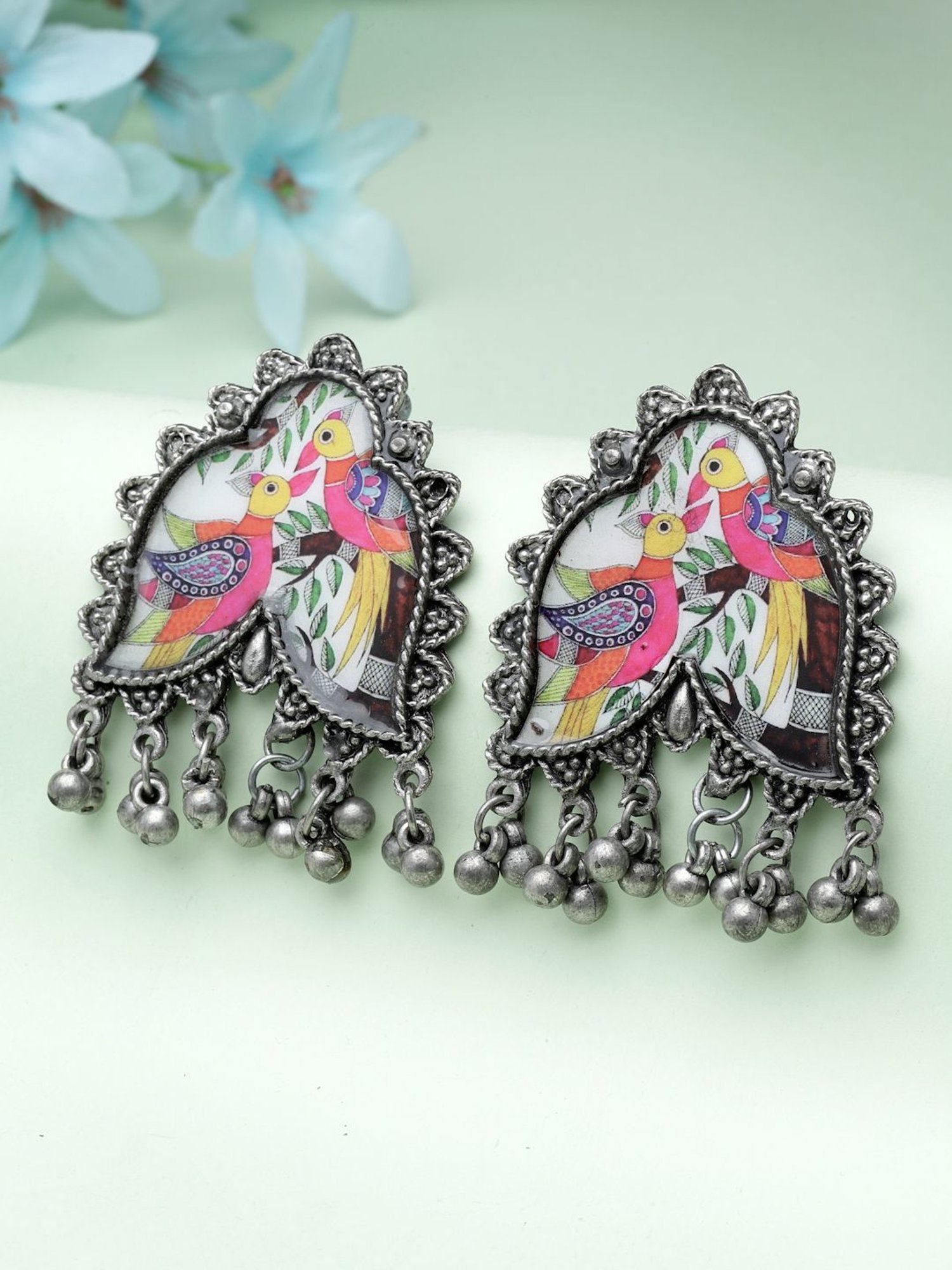 Moedbuille Handcrafted Ghungroo Oxidised Silver Plated Peacock Design Earrings