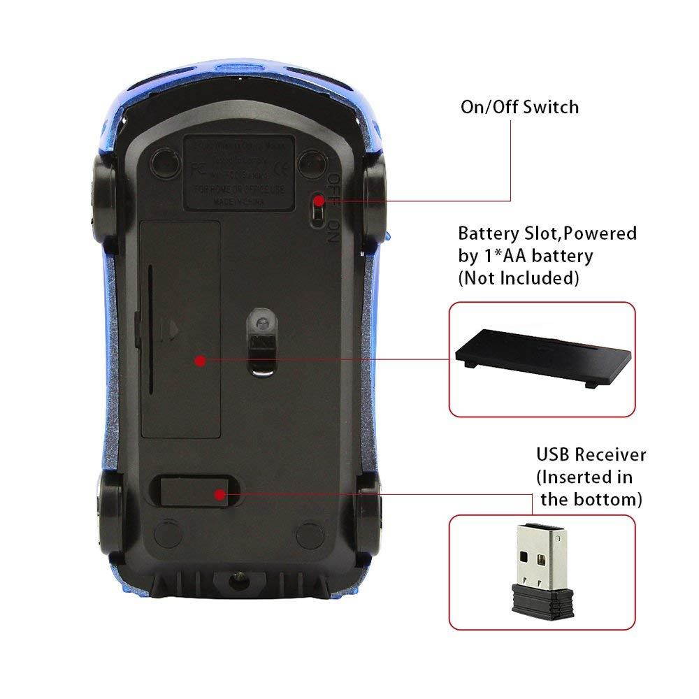 Usbkingdom 2.4GHz Cool Sport Car Shape Wireless Mouse Optical Cordless Mice with USB Receiver for PC Laptop Computer 1600 DPI 3 Buttons Blue