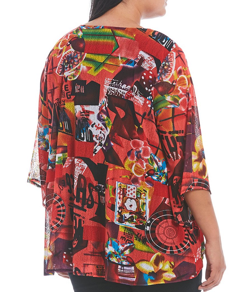Calessa Plus Size Multi Print Round Neck Flute 3/4 Sleeve Asymmetrical Overlay Hem Tunic