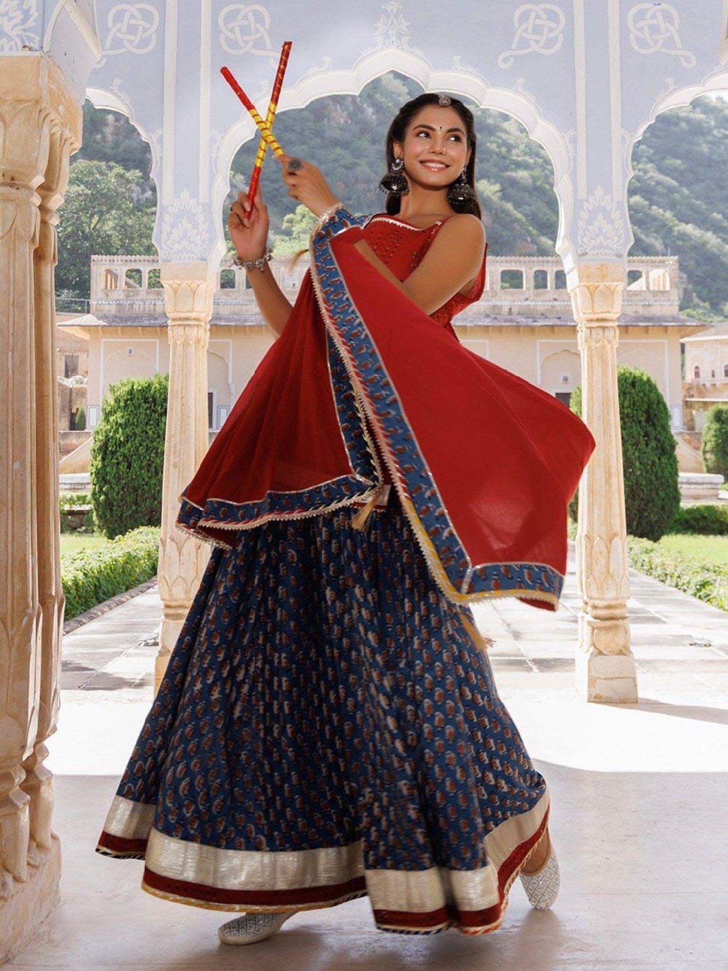 Geroo Jaipur Indigo-Red Pure Cotton Hand Block Printed Skirt Set