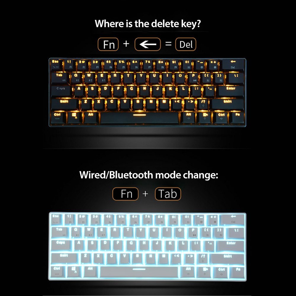 Royal Kludge RK61 Mechanical Bluetooth 3.0 Wired/Wireless 61 Keys Multi-Device RGB Backlit Gaming/Office Keyboard for iOS, Android, Windows and Mac with Rechargeable Battery, Blue Switch - White