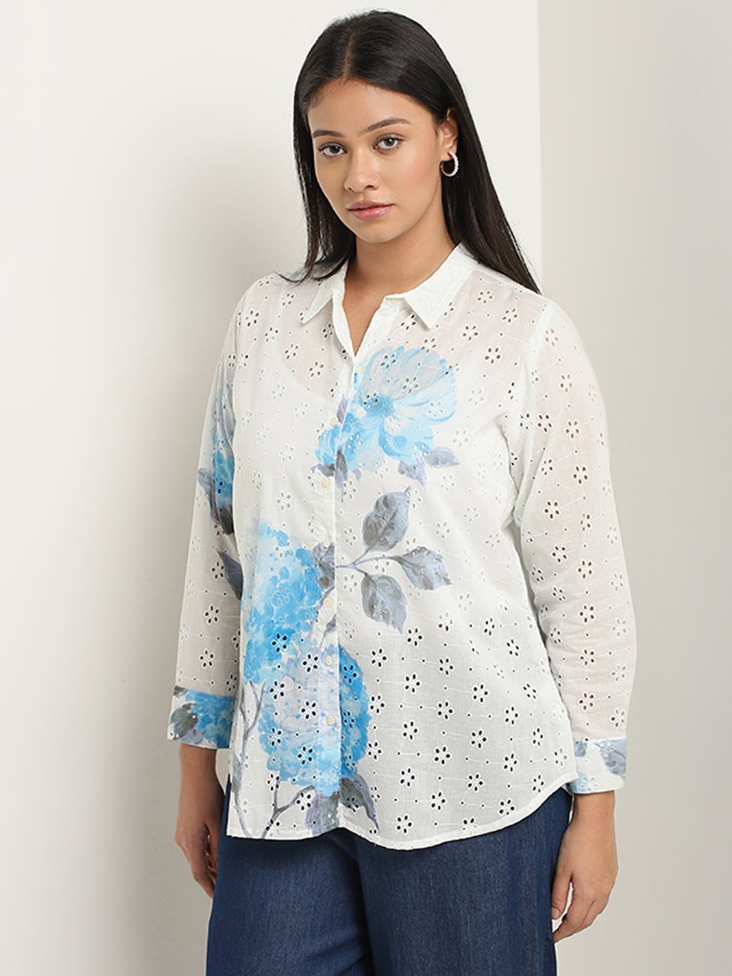 Diza by Westside Blue Floral Schiffli Design Straight Cotton Tunic