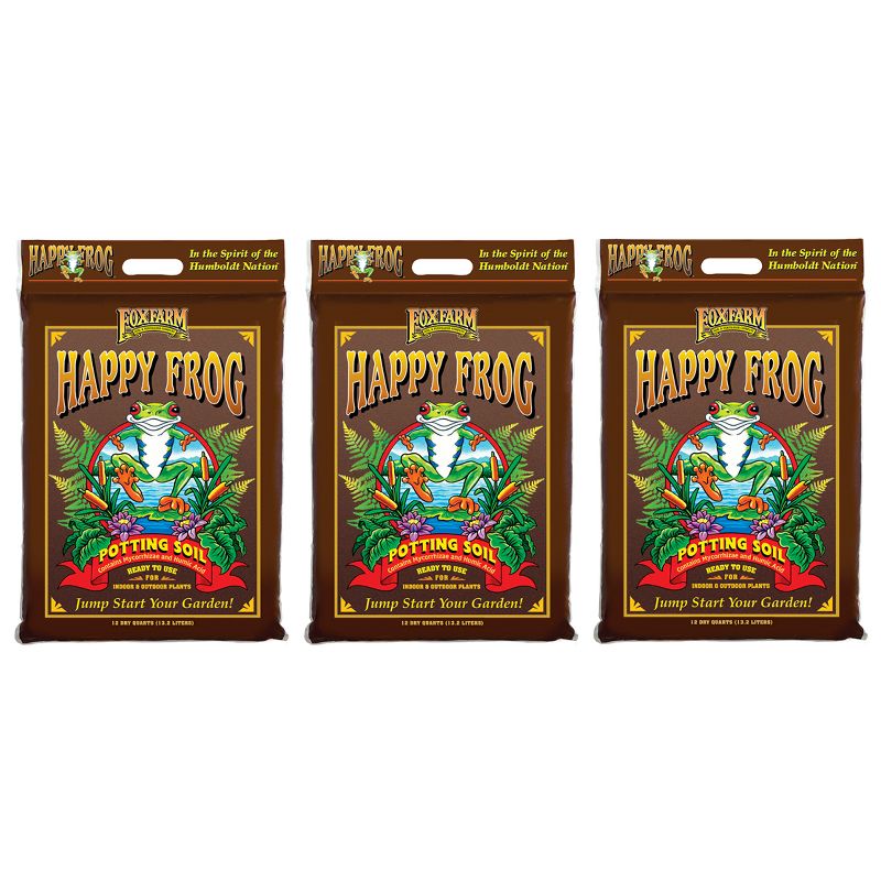 FoxFarm FX14054 Happy Frog Nutrient Rich and pH Adjusted Rapid Growth Garden Potting Soil Mix is Ready to Use, 12 quart (3 Pack)