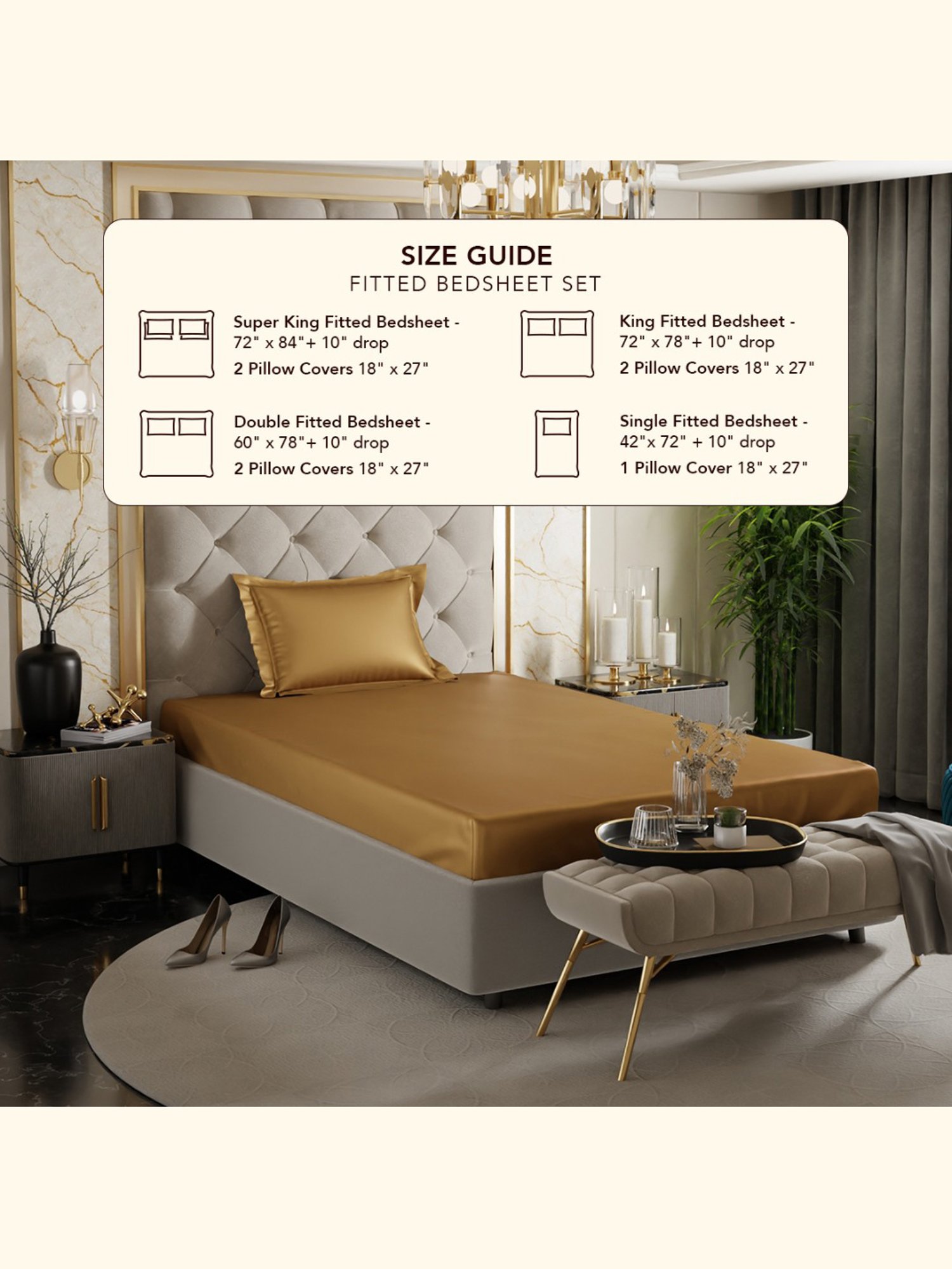 Stoa Paris Eternal Glow Gold 300 TC Polyester Single Fitted Sheet with 1 Pillow Cover