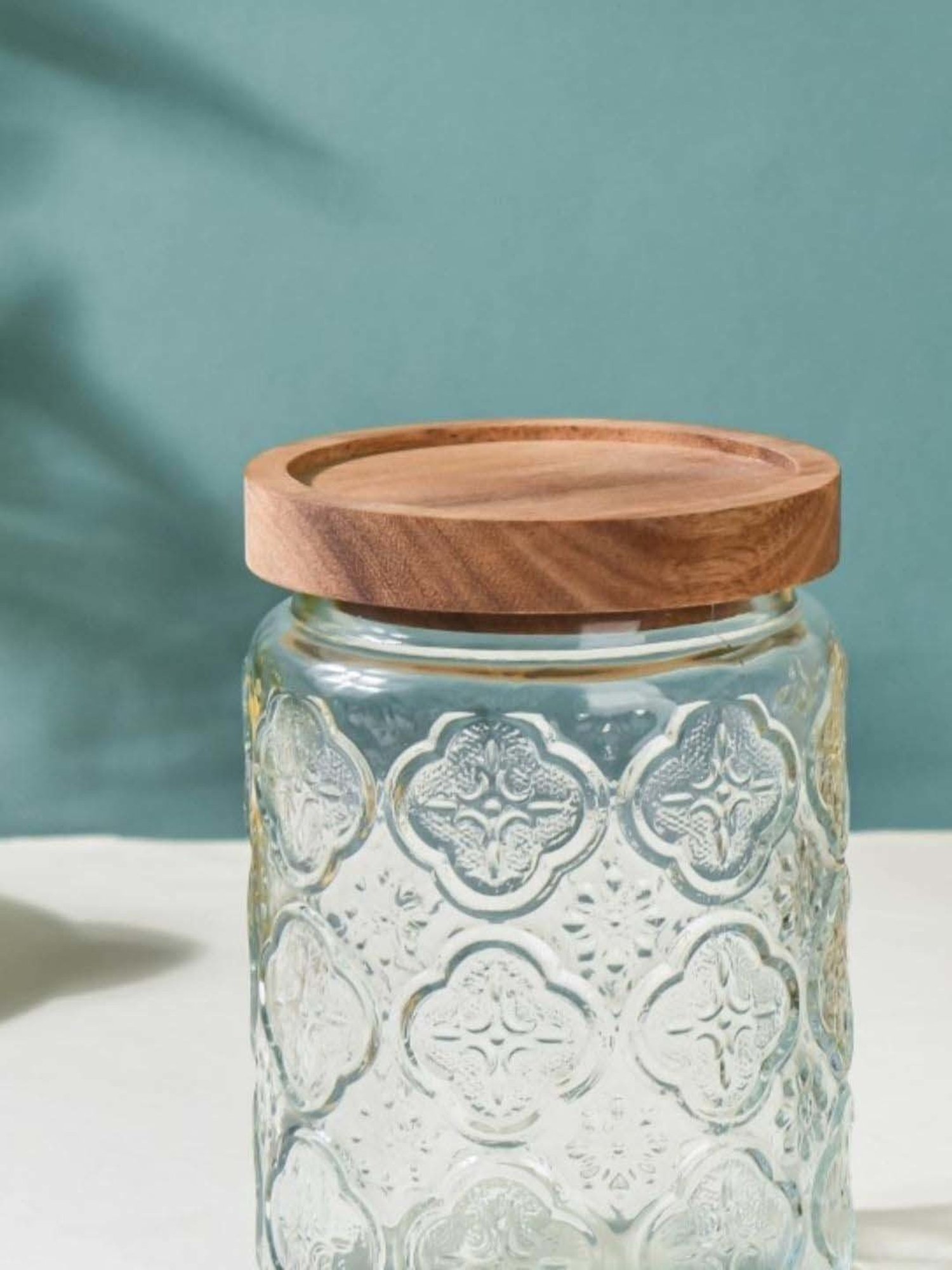 Nestasia Premium Quality Vintage Patterned Transparent Glass Jar With Wooden Airtight Lid(Set Of 3)