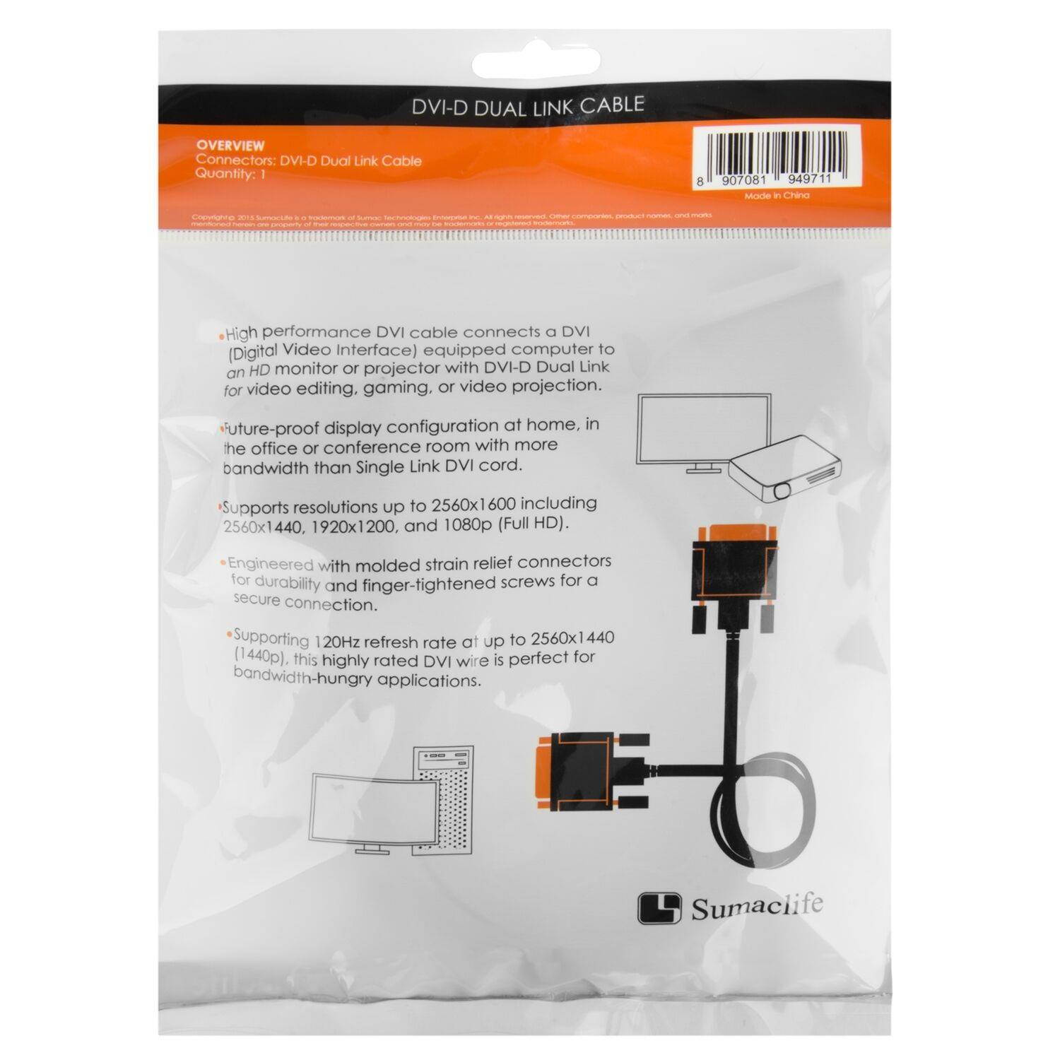 NEW Black Sumaclife 10 ft Audio & Video HD TV DVI DL HDMI Dual Link Cable