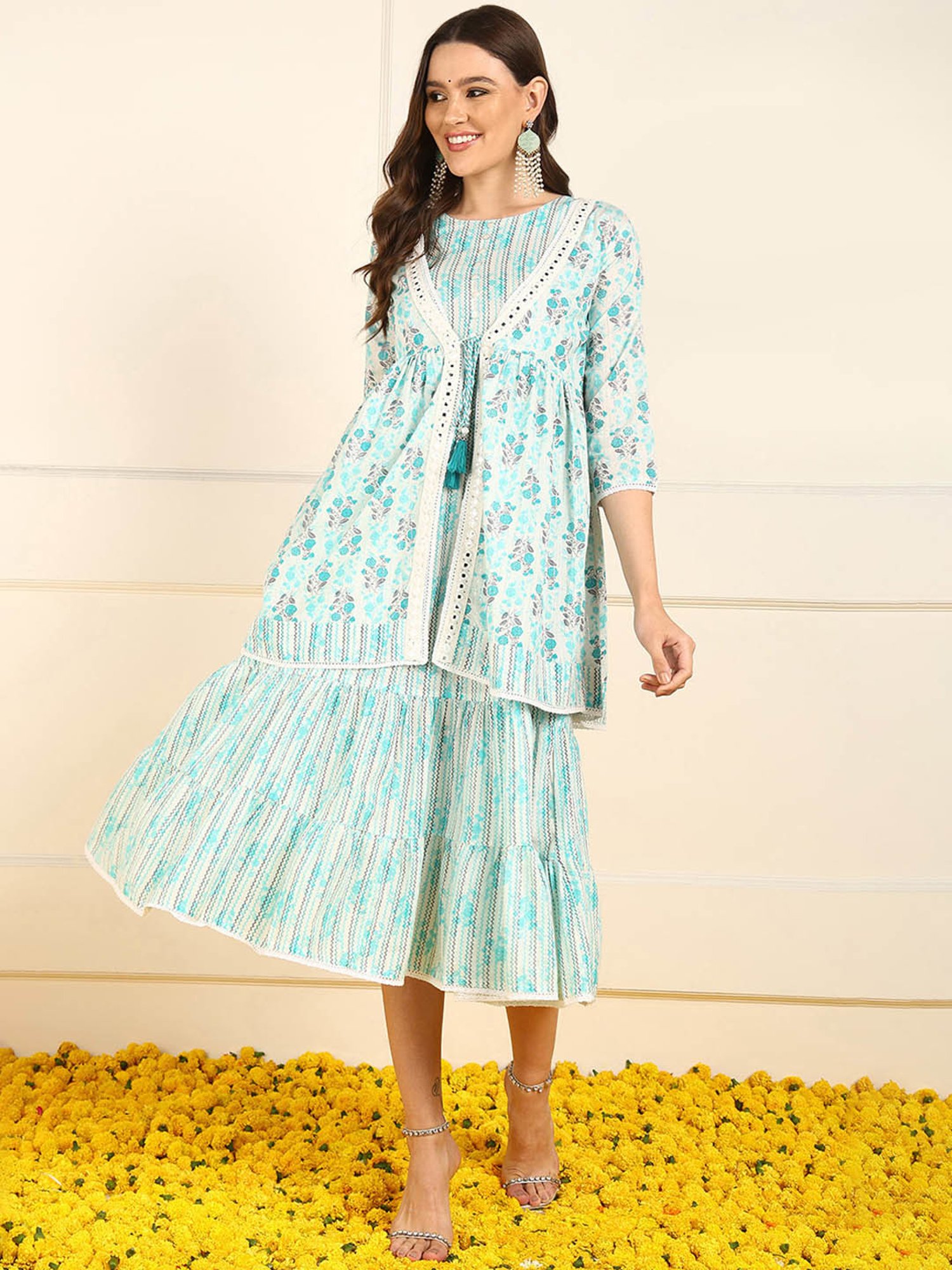 Vaamsi Blue Cotton Printed Midi Ethnic Dress With Shrug