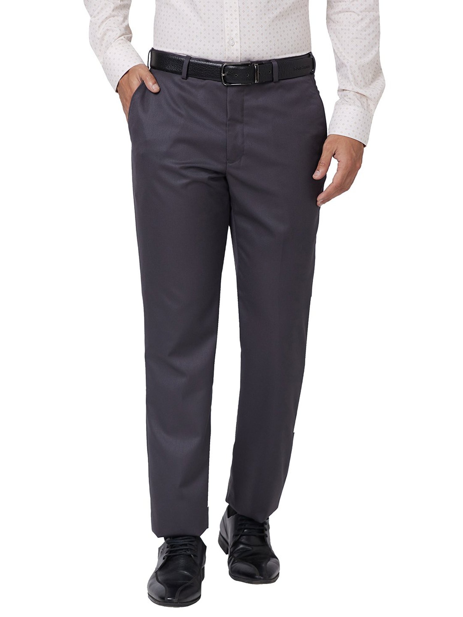 Park Avenue Grey Regular Fit Self Design Flat Front Trousers