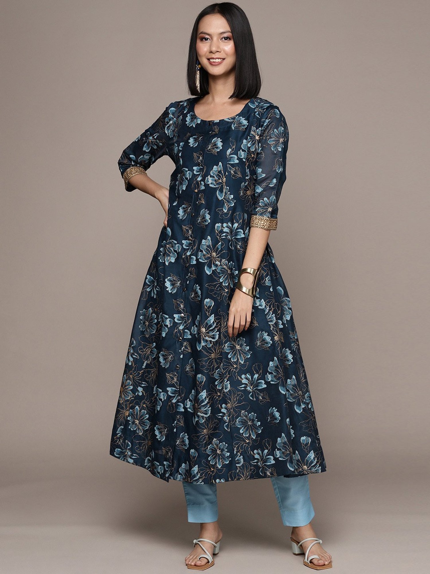 Ziyaa Blue Floral Print Kurta Pant Set