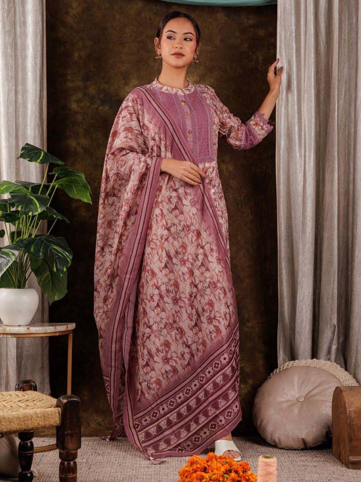 Yufta Purple Cotton Printed Kurta Pant Set With Dupatta